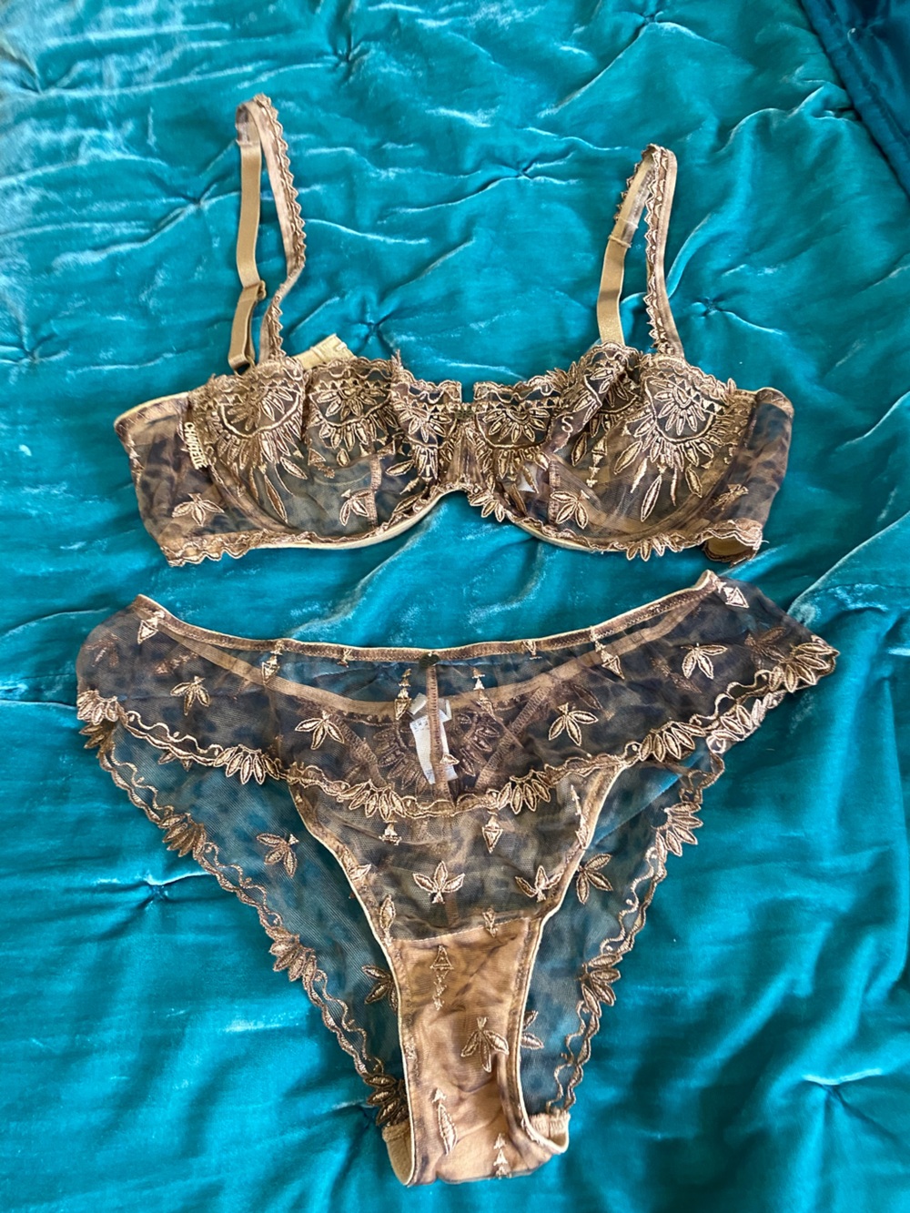 Chantelle Sheer Embroidered Bra & Brief Set in Gold